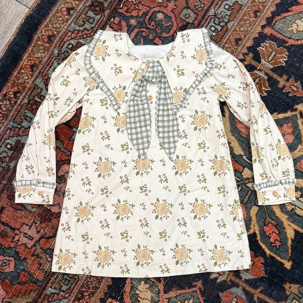 Birnit Petit Floral Long Sleeve Dress with Checkered Bow